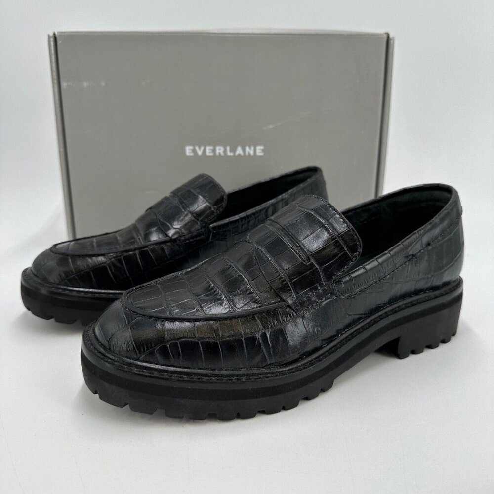 Everlane The Lug Loafer in Black Crocodile Leather sz 10.5 Women's Chunky Heel